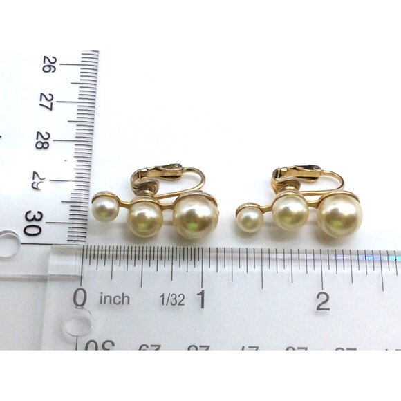 Vintage Gold-Tone Triple Faux Pearl Clip-On Earrings by Sarah Cov - Picture 4 of 5